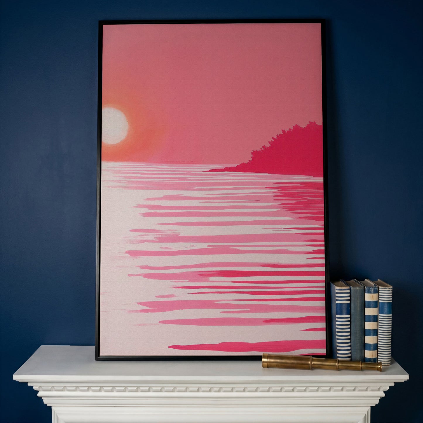 Pink Sunset Coastal Scene Canvas in black floating frame