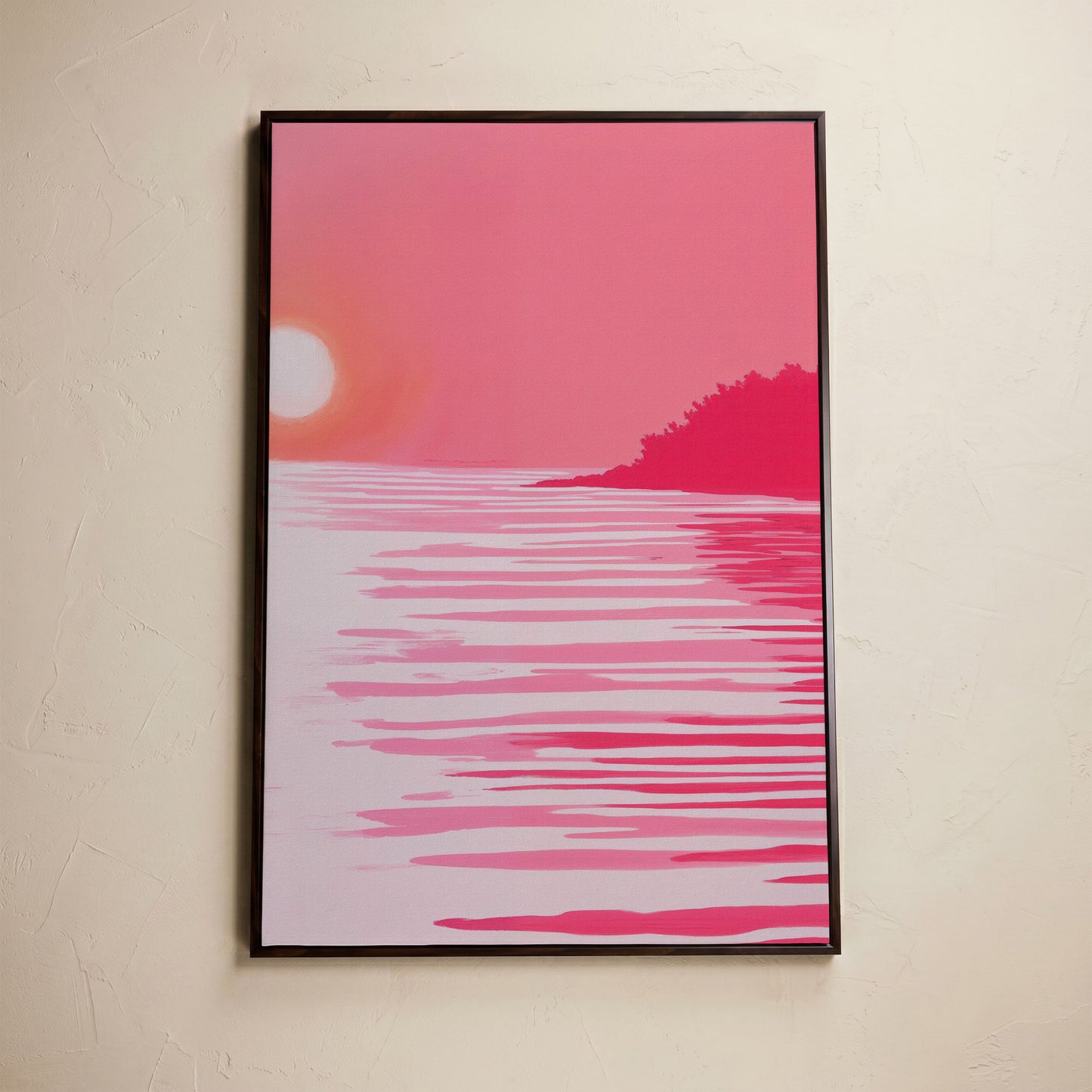 Pink Sunset Coastal Scene Canvas in dark walnut floating frame