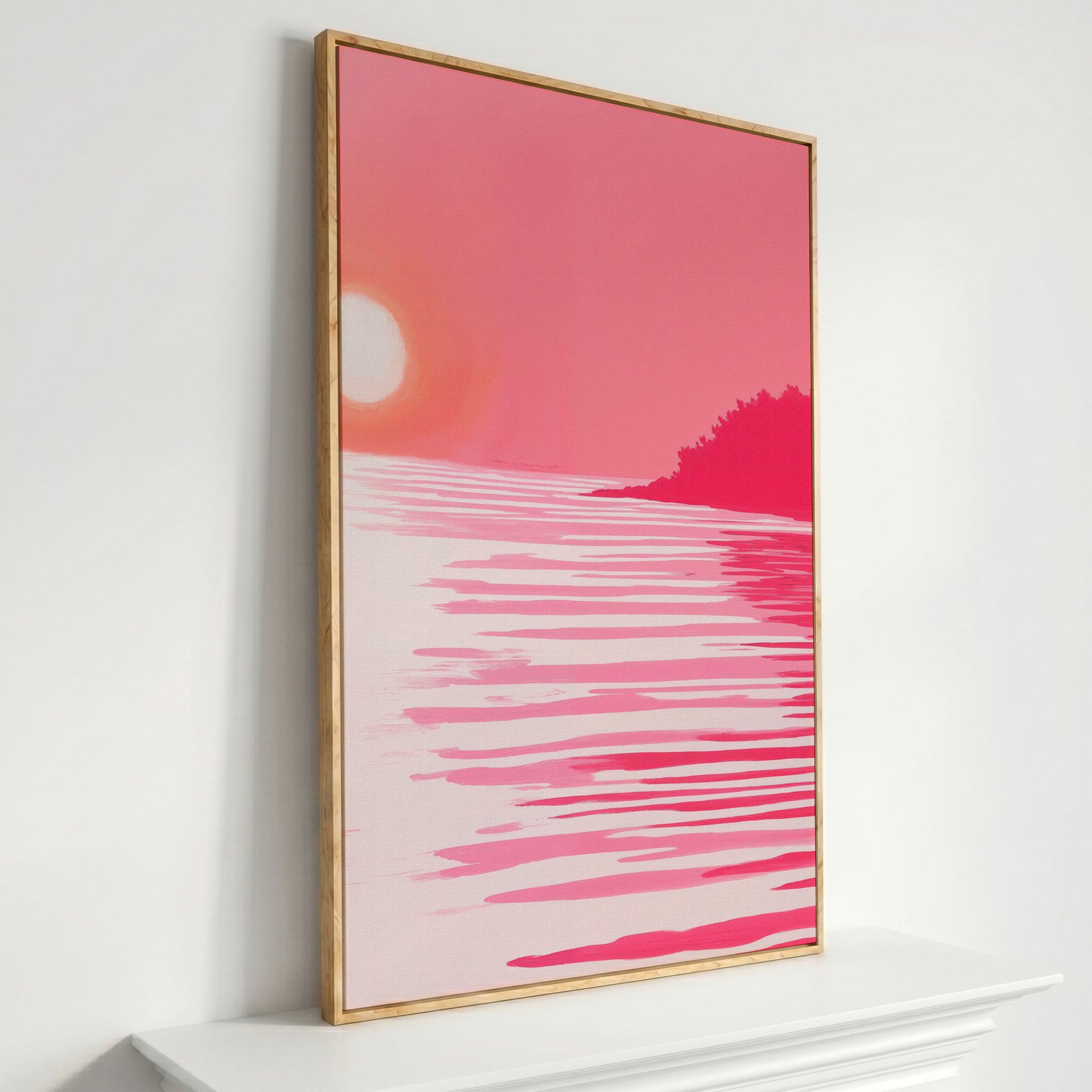 Pink Sunset Coastal Scene Canvas in white oak floating frame