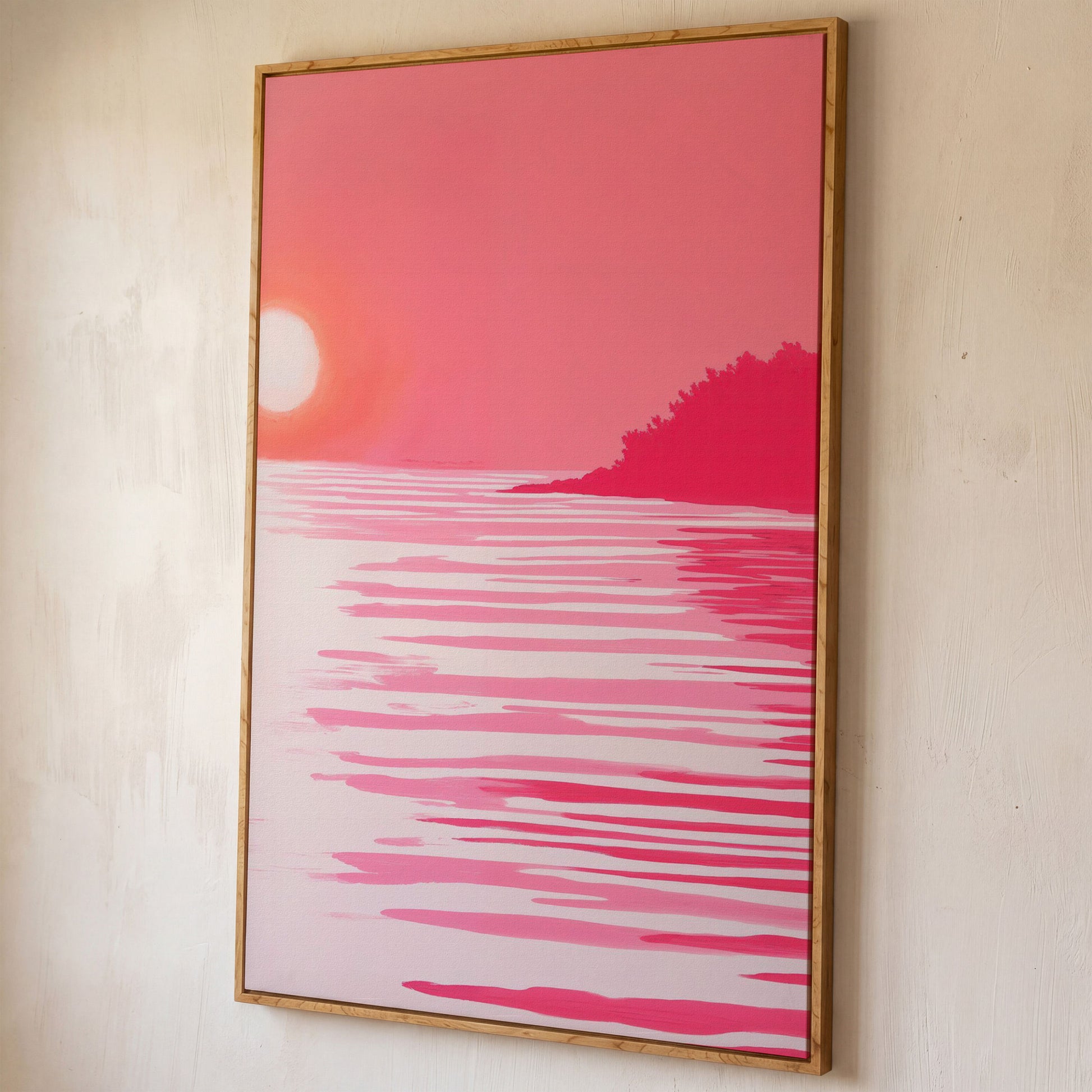 Pink Sunset Coastal Scene Canvas shown in white oak floating frame