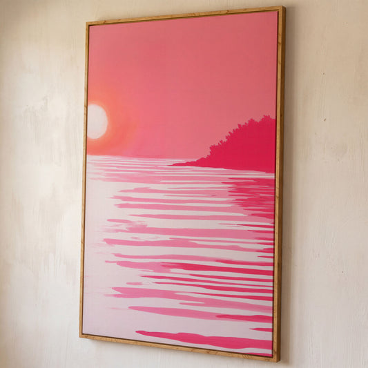 Pink Sunset Coastal Scene Canvas shown in white oak floating frame