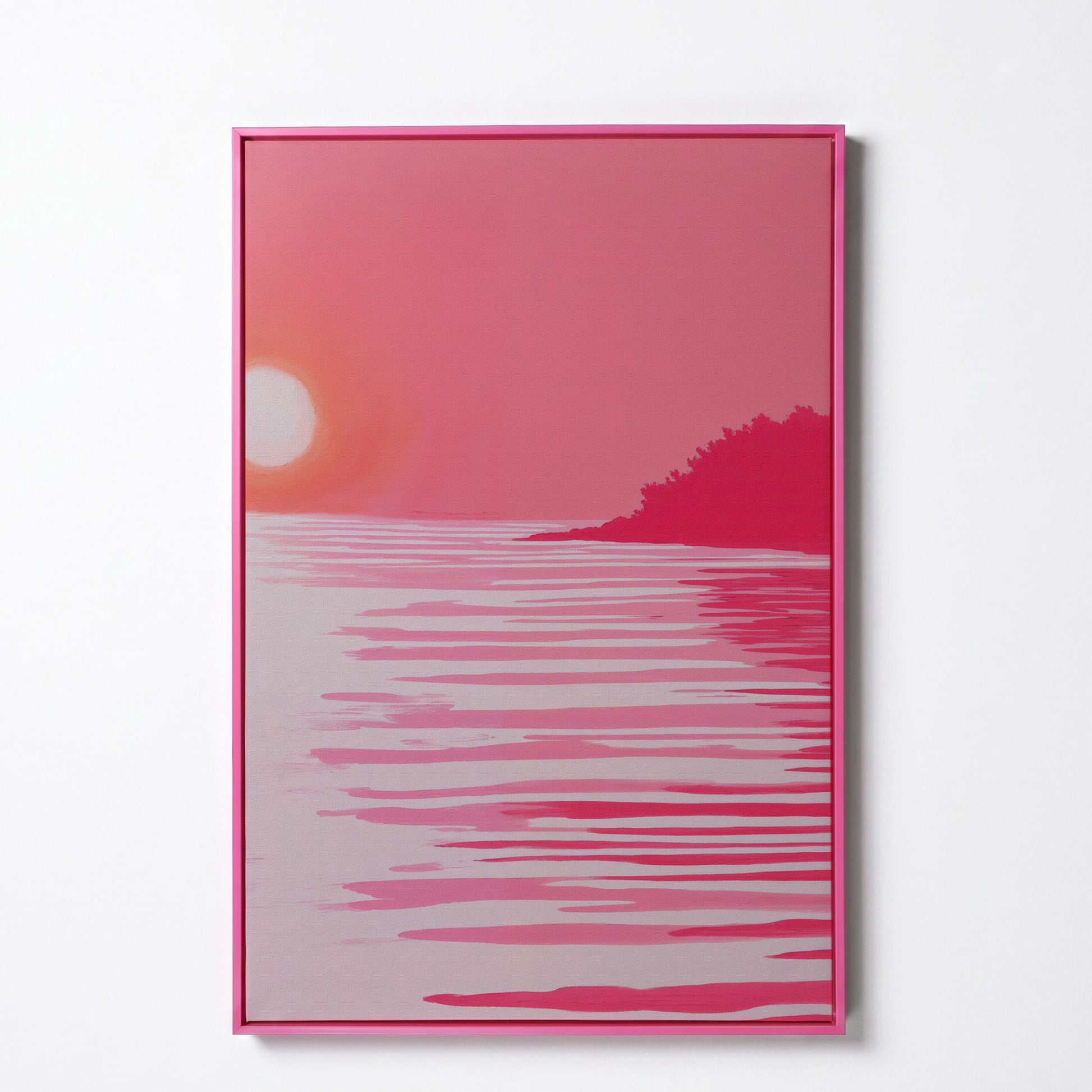 Pink Sunset Coastal Scene Canvas in pink floating frame