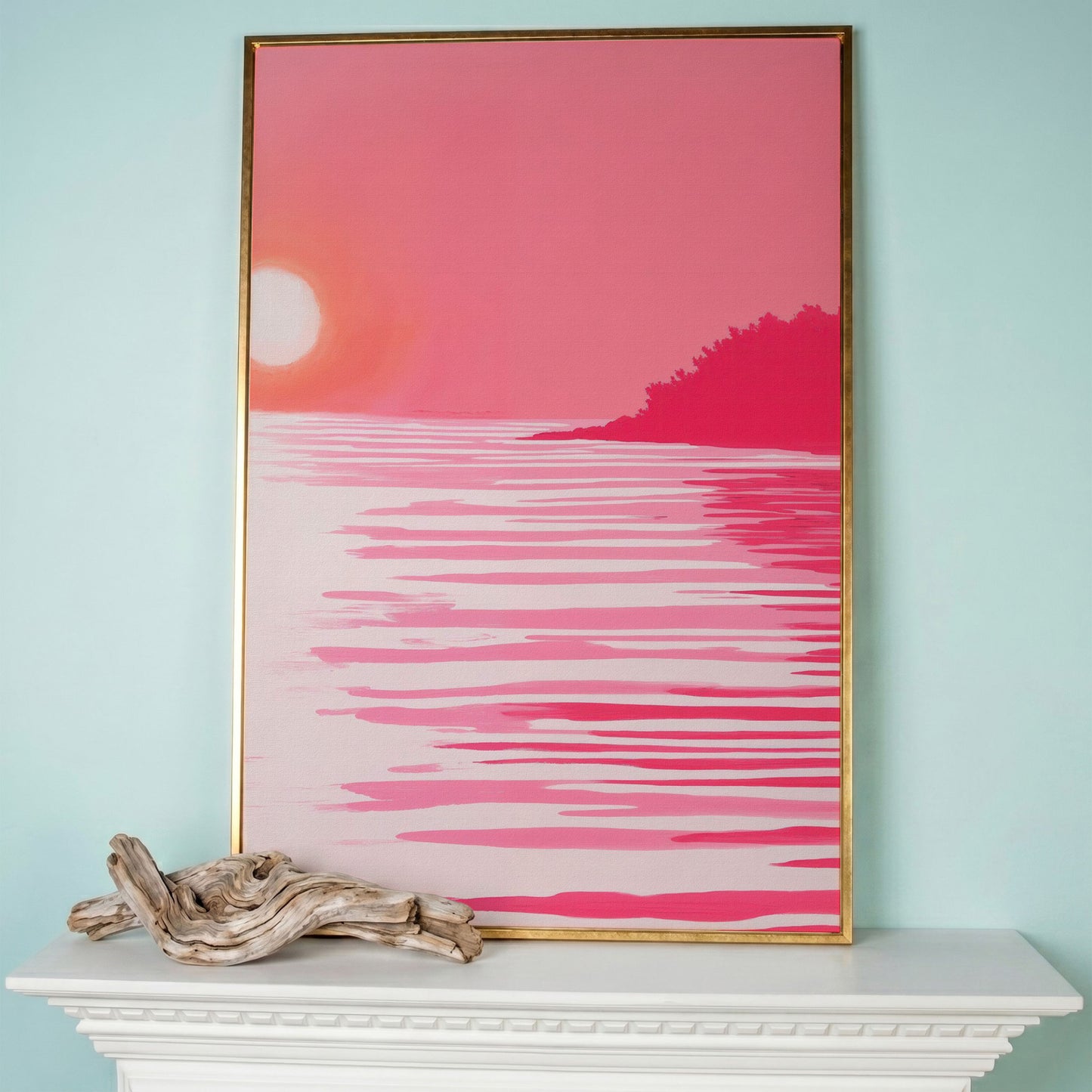 Pink Sunset Coastal Scene Canvas in rose gold floating frame