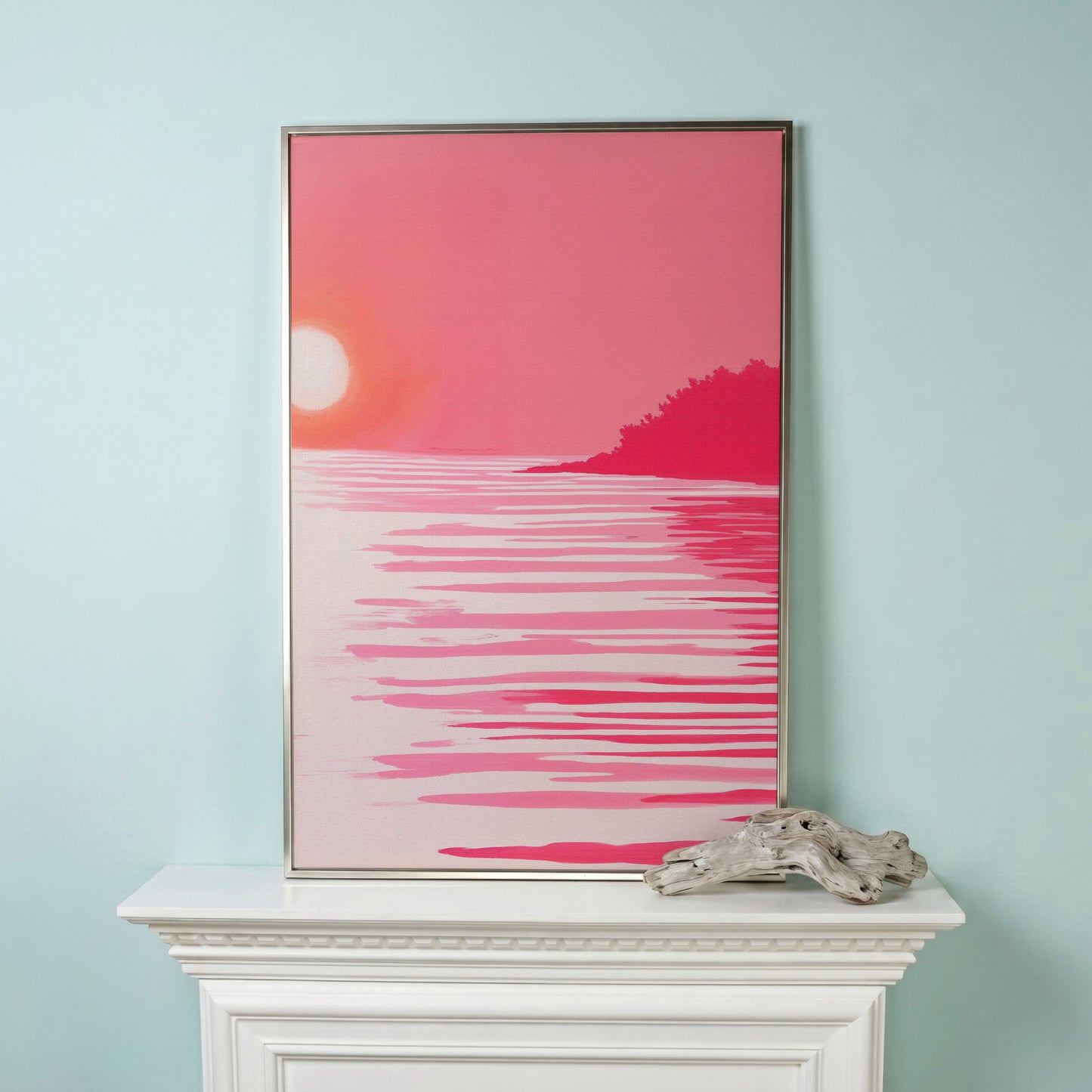 Pink Sunset Coastal Scene Canvas in silver floating frame