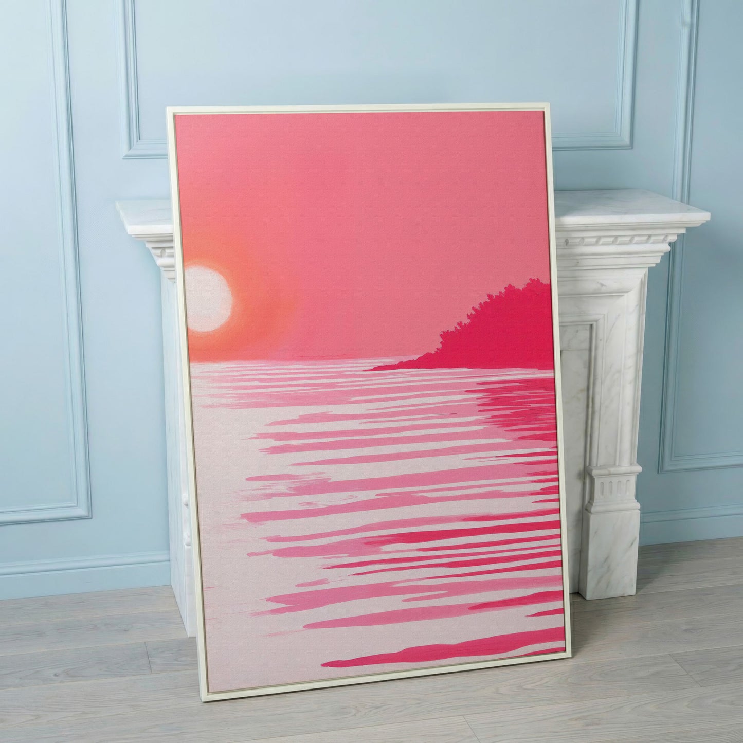 Pink Sunset Coastal Scene Canvas in white floating frame
