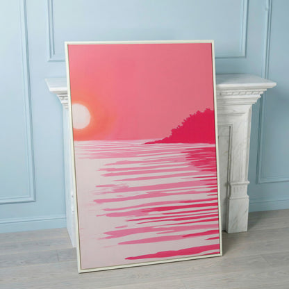 Pink Sunset Coastal Scene Canvas in white floating frame