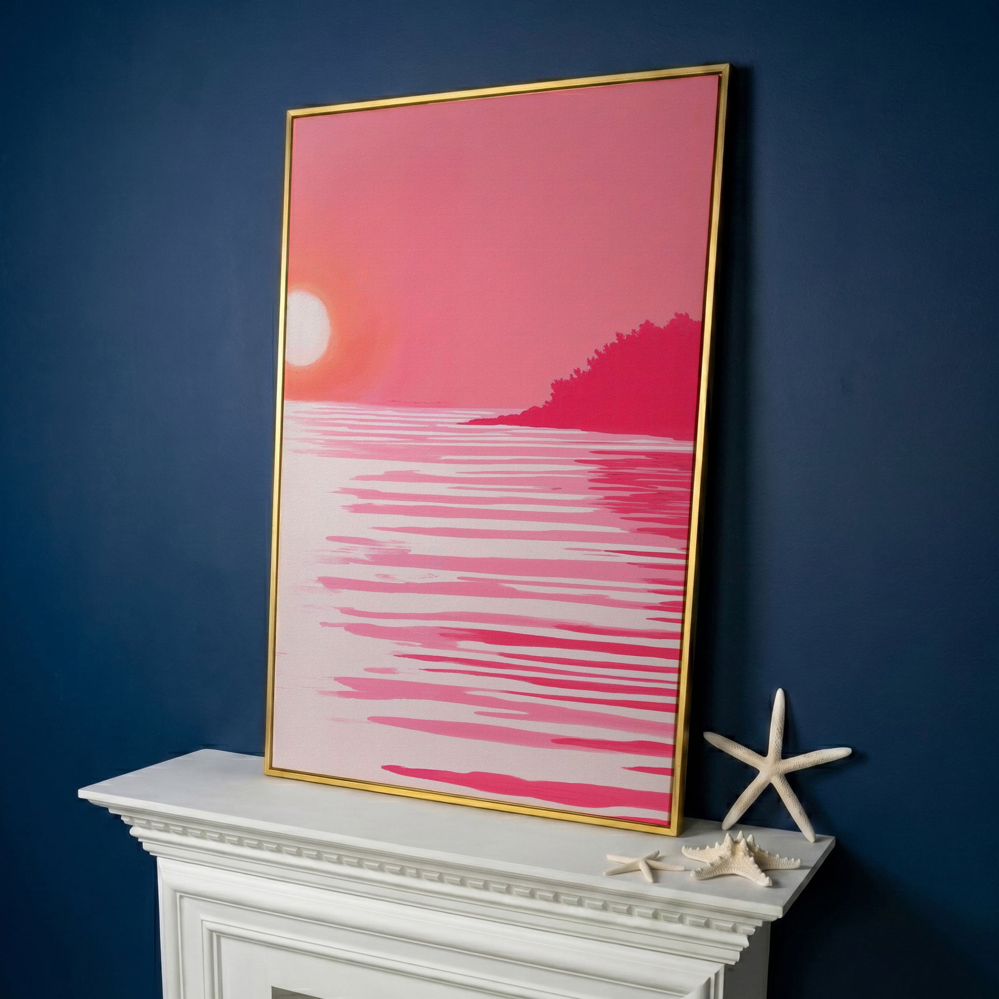 Pink Sunset Coastal Scene Canvas in yellow gold floating frame