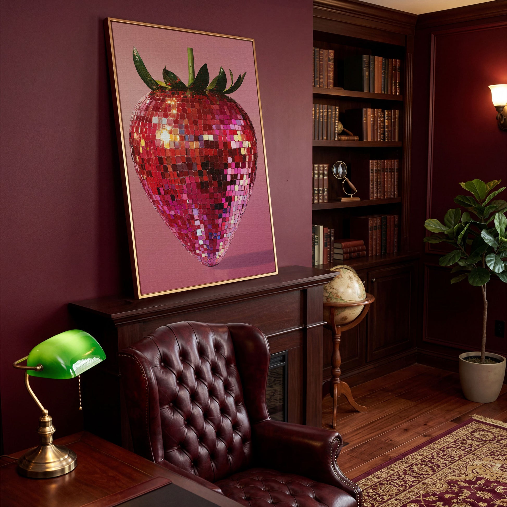 Strawberry Disco Vibes Canvas Print in antique gold floating frame