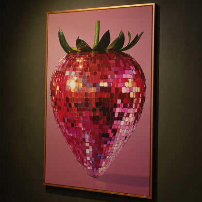 Strawberry Disco Vibes Canvas Print shown in antique gold floating frame