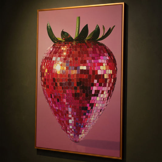 Strawberry Disco Vibes Canvas Print shown in antique gold floating frame
