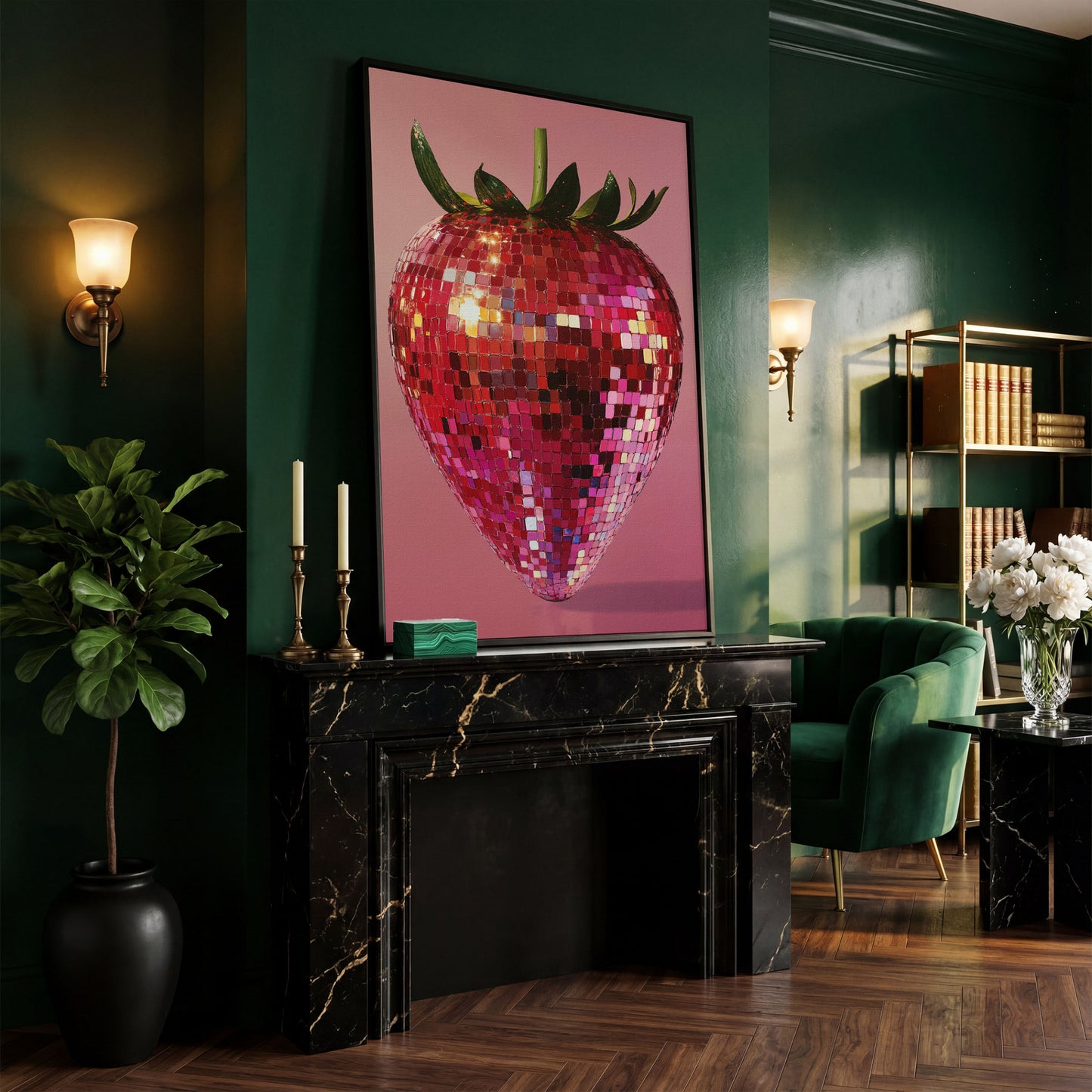 Strawberry Disco Vibes Canvas Print in black floating frame