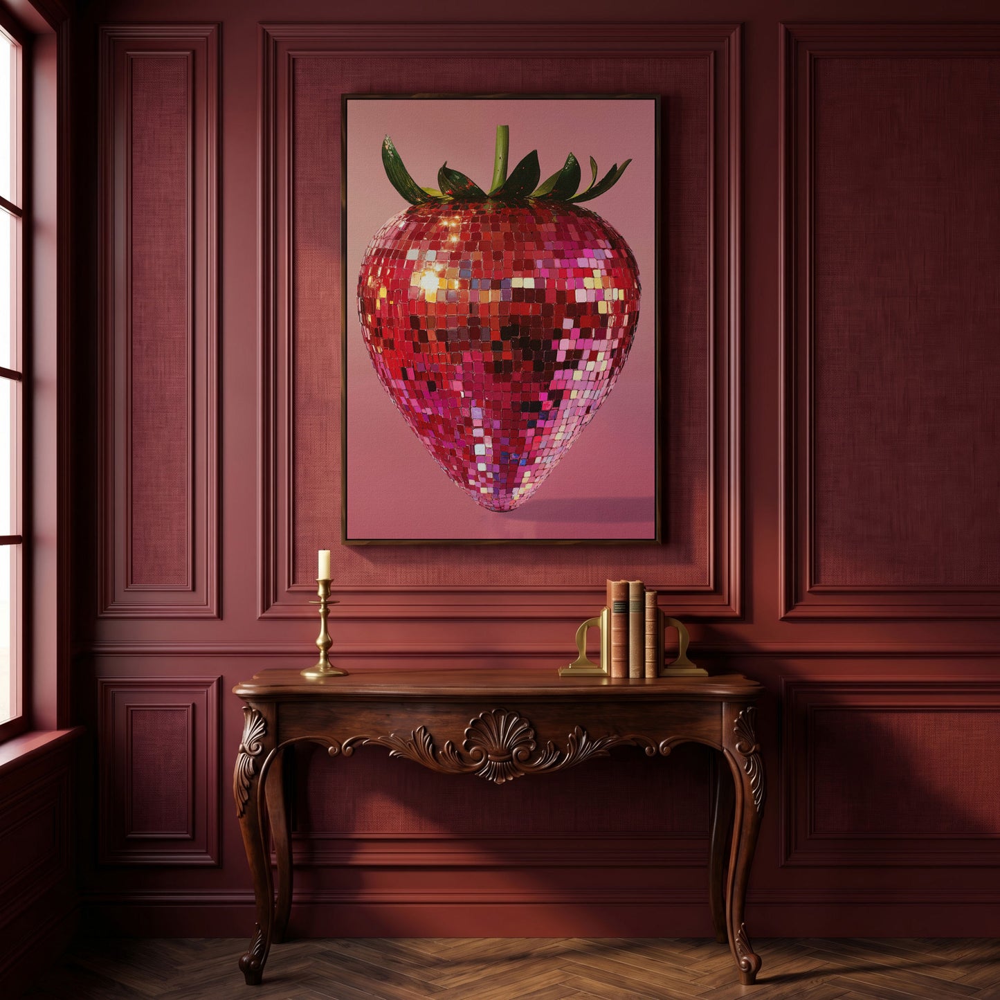 Strawberry Disco Vibes Canvas Print in dark walnut floating frame