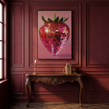 Strawberry Disco Vibes Canvas Print in dark walnut floating frame