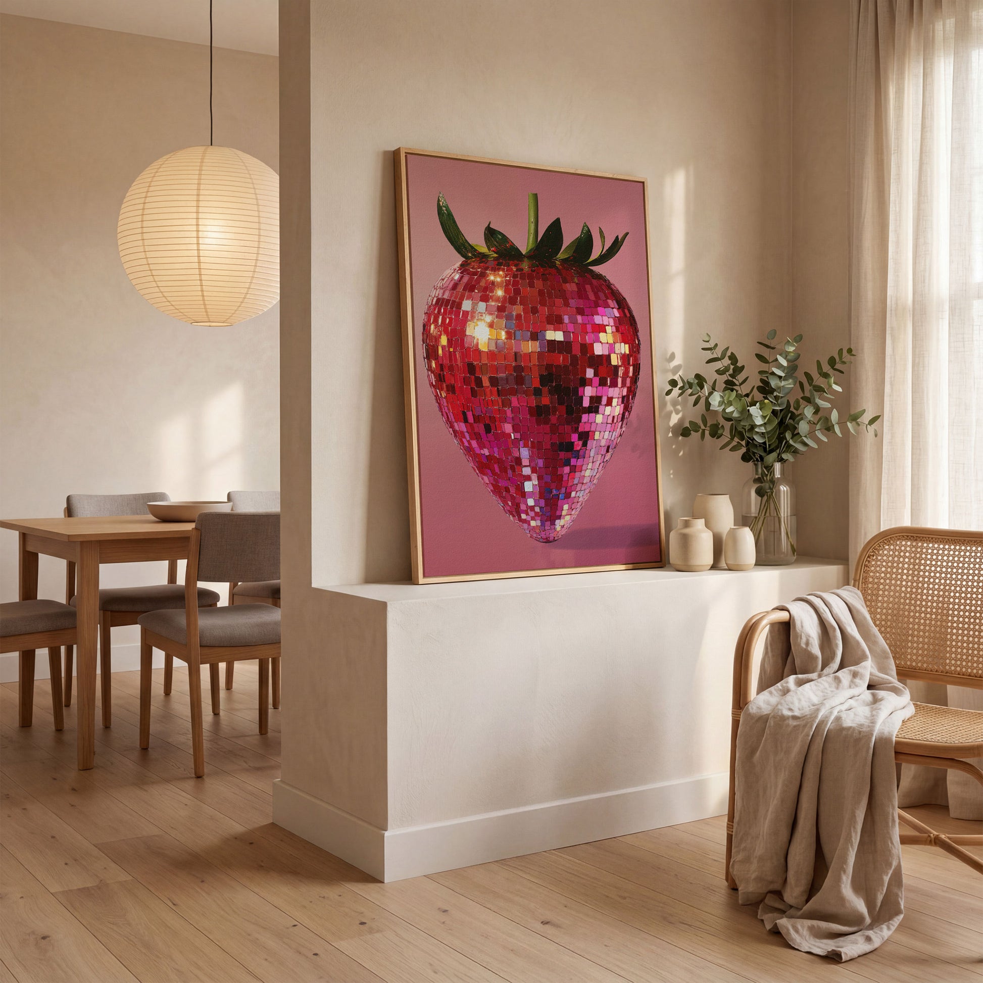 Strawberry Disco Vibes Canvas Print in white oak floating frame