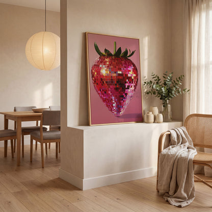 Strawberry Disco Vibes Canvas Print in white oak floating frame