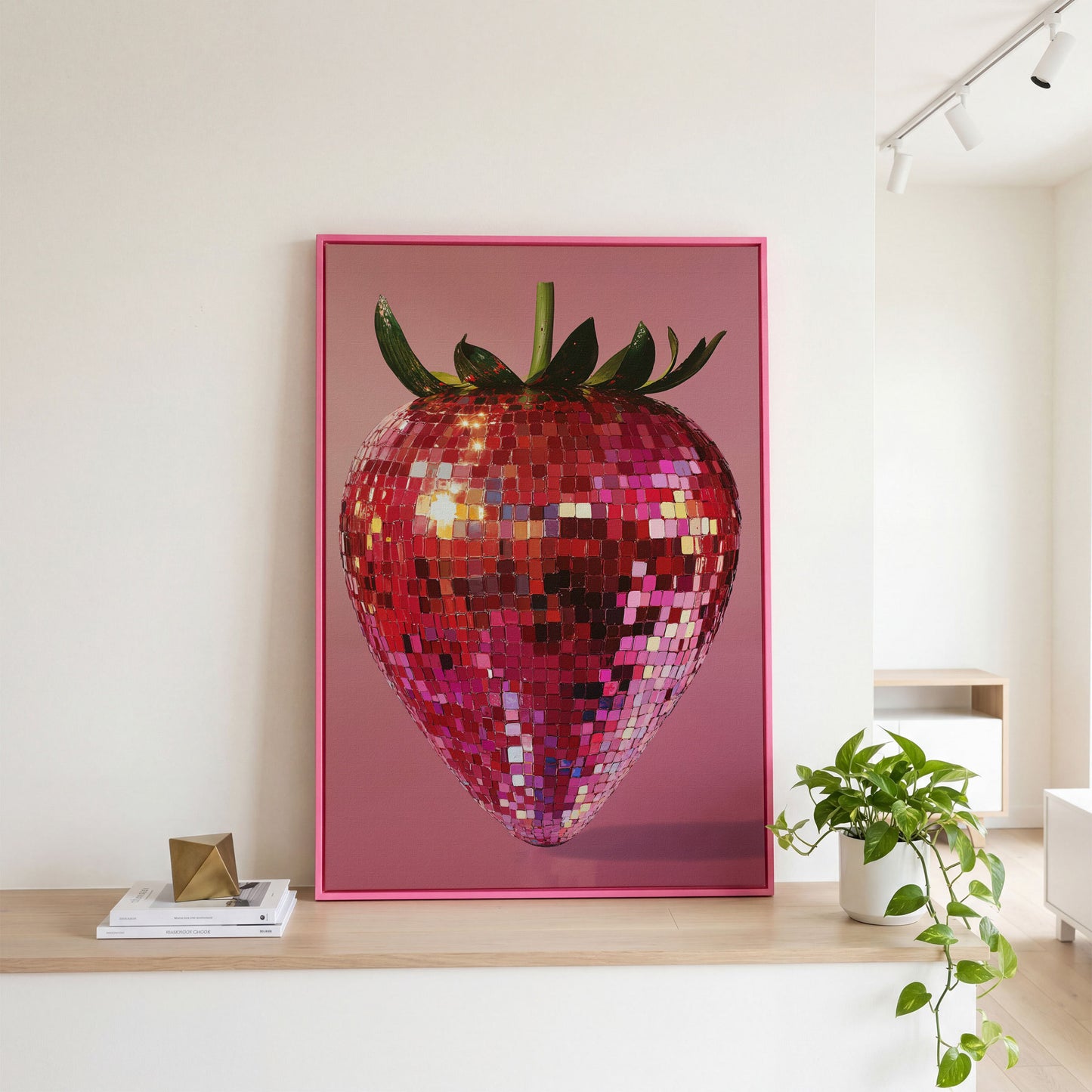 Strawberry Disco Vibes Canvas Print in pink floating frame