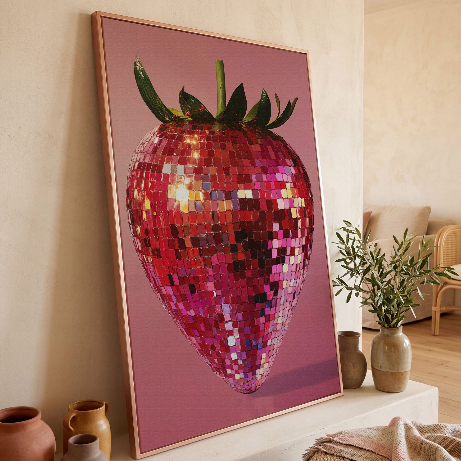 Strawberry Disco Vibes Canvas Print in rose gold floating frame