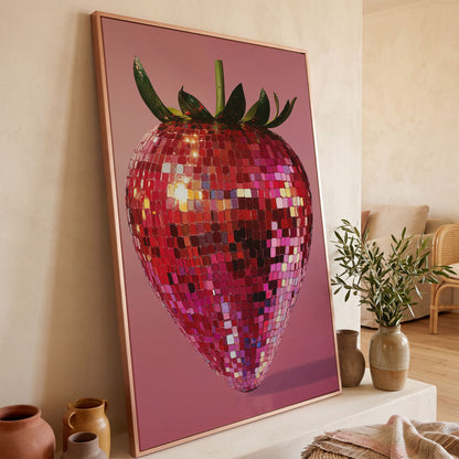Strawberry Disco Vibes Canvas Print in rose gold floating frame