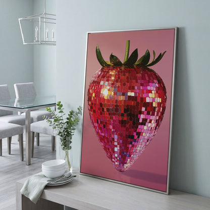 Strawberry Disco Vibes Canvas Print in silver floating frame