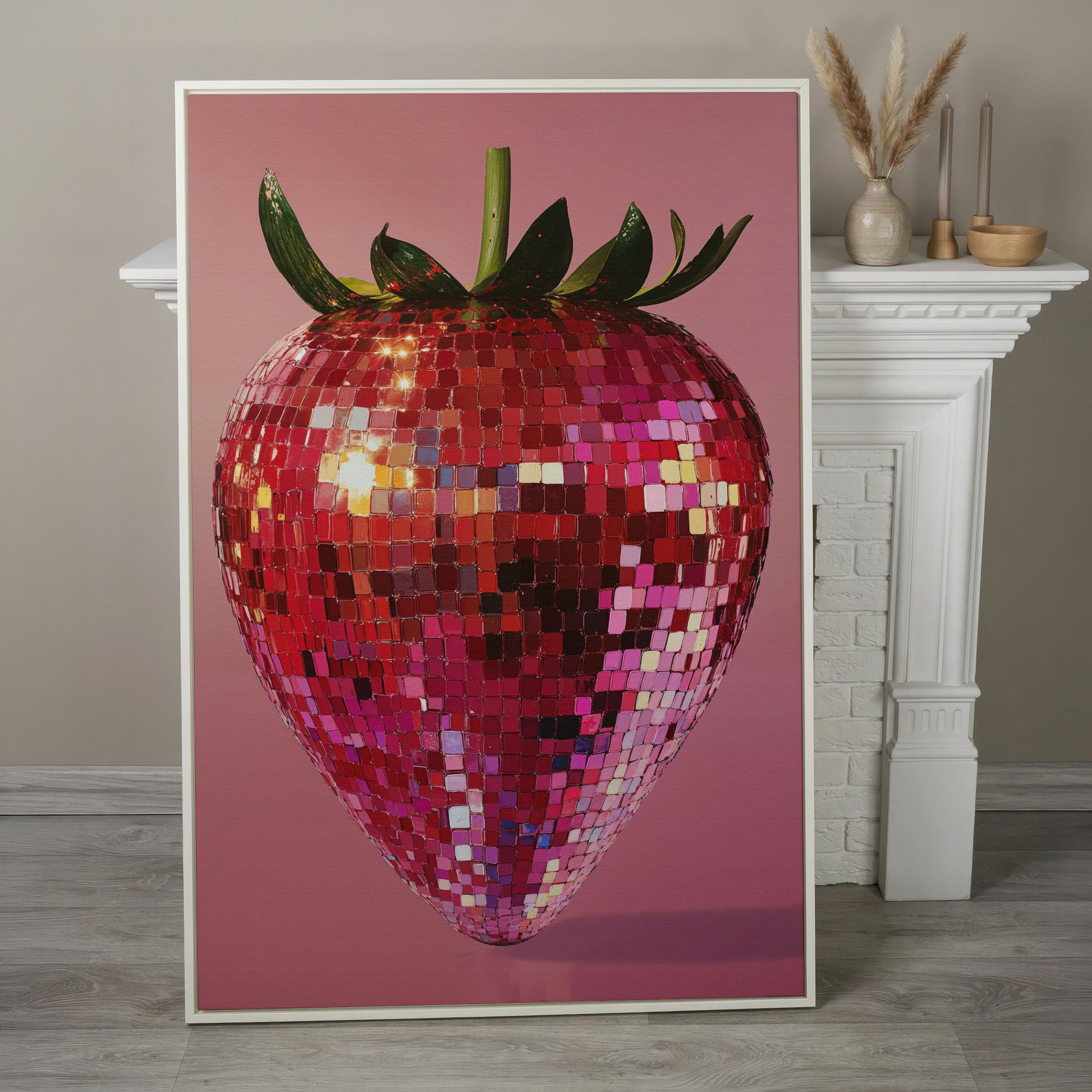 Strawberry Disco Vibes Canvas Print in white floating frame
