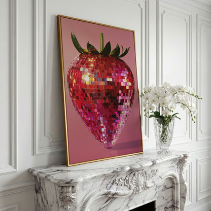 Strawberry Disco Vibes Canvas Print in yellow gold floating frame