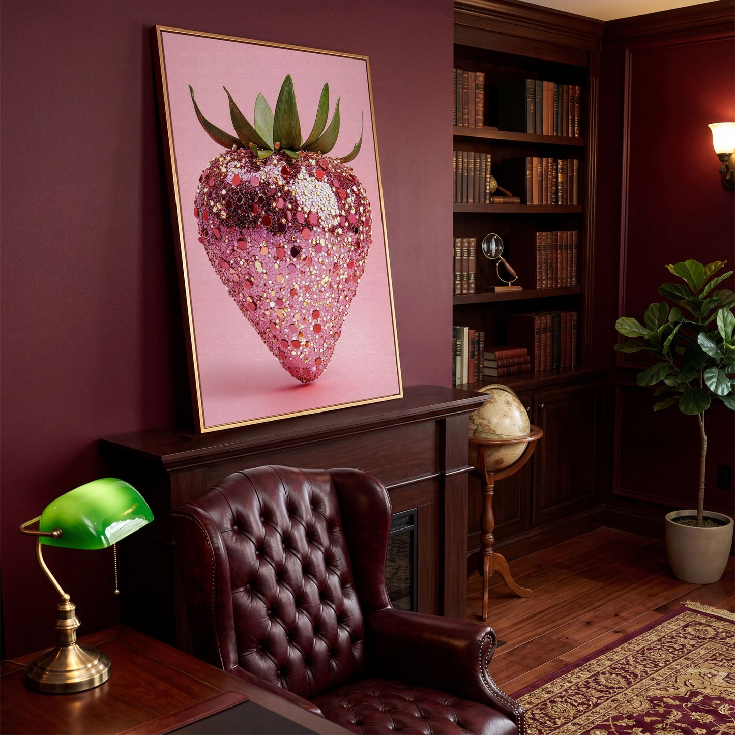 Strawberry with Sequins Canvas Wall Art in antique gold floating frame