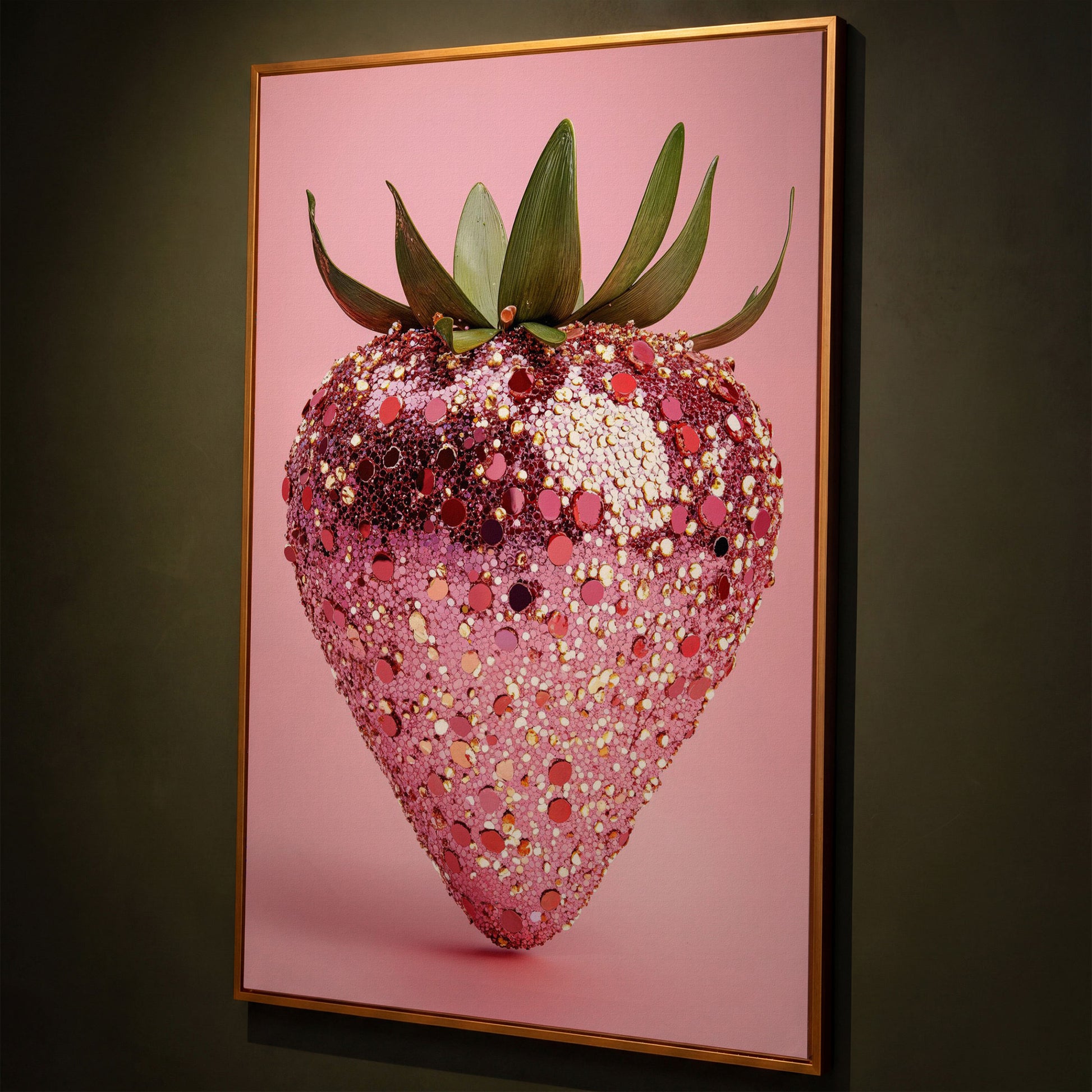 Strawberry with Sequins Canvas Wall Art shown in antique gold floating frame