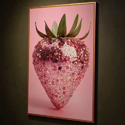 Strawberry with Sequins Canvas Wall Art shown in antique gold floating frame