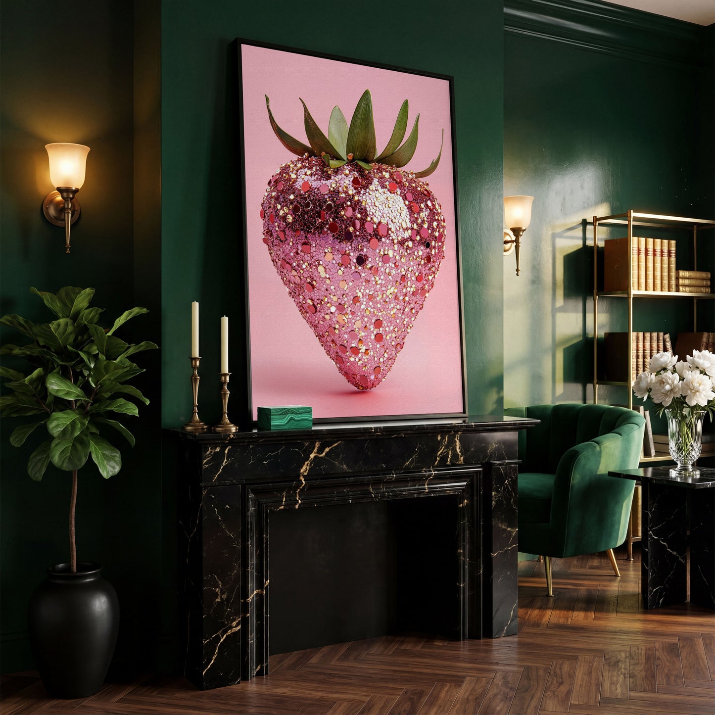Strawberry with Sequins Canvas Wall Art in black floating frame