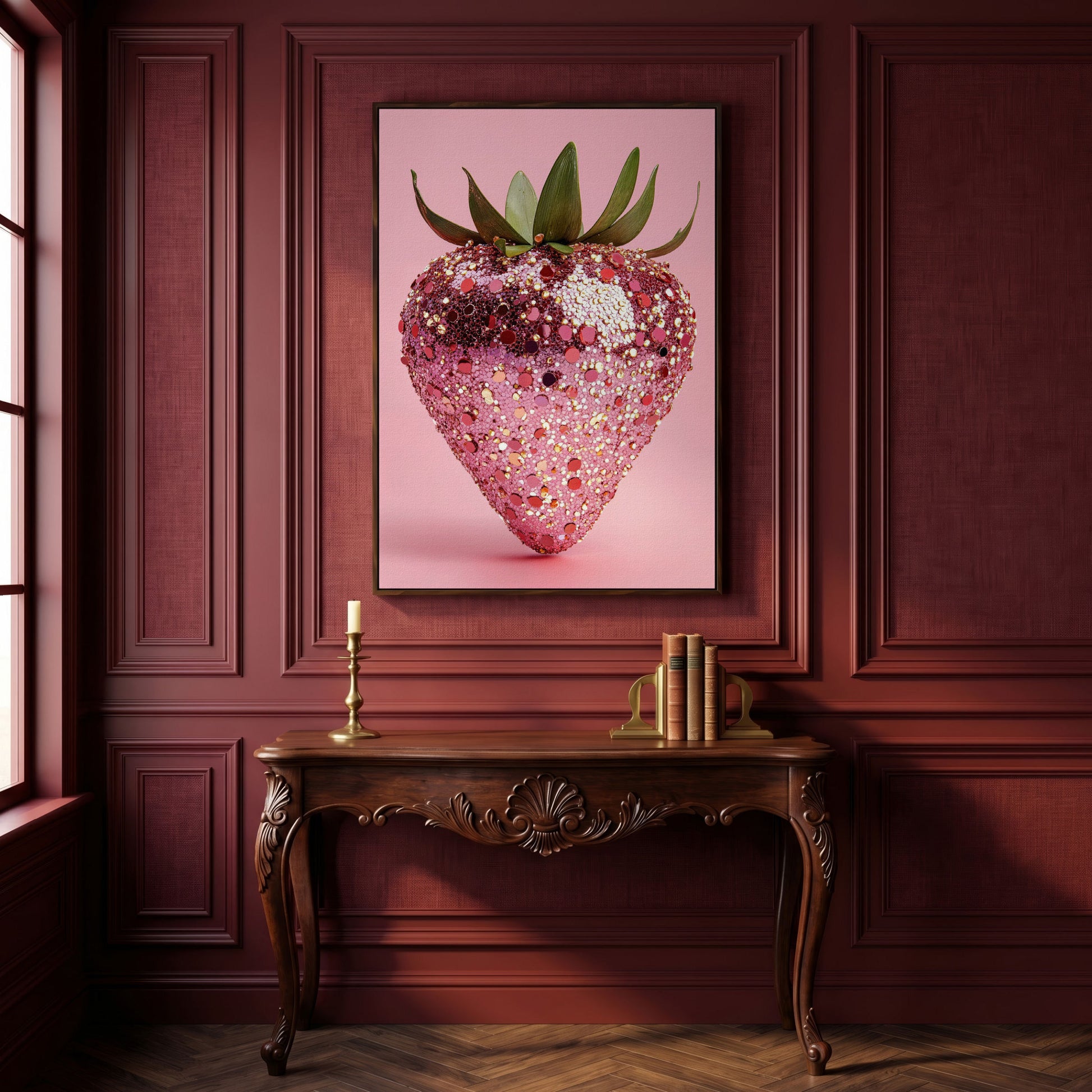 Strawberry with Sequins Canvas Wall Art in dark walnut floating frame