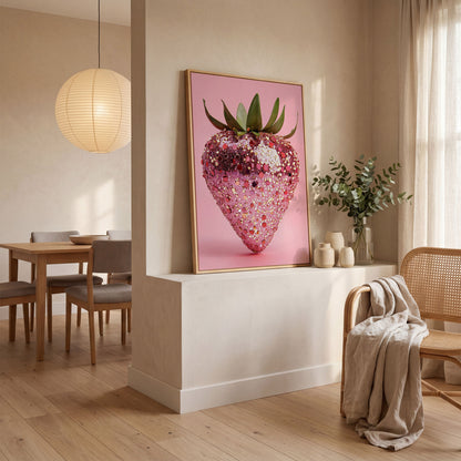 Strawberry with Sequins Canvas Wall Art in white oak floating frame