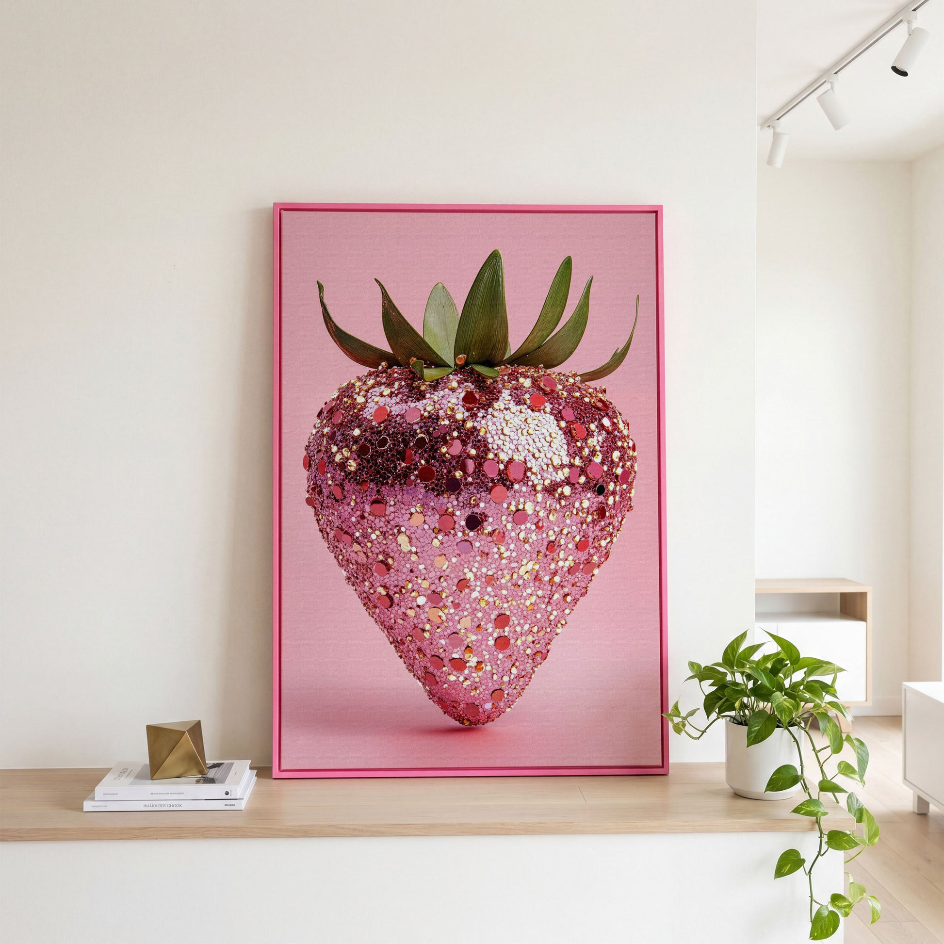 Strawberry with Sequins Canvas Wall Art in pink floating frame