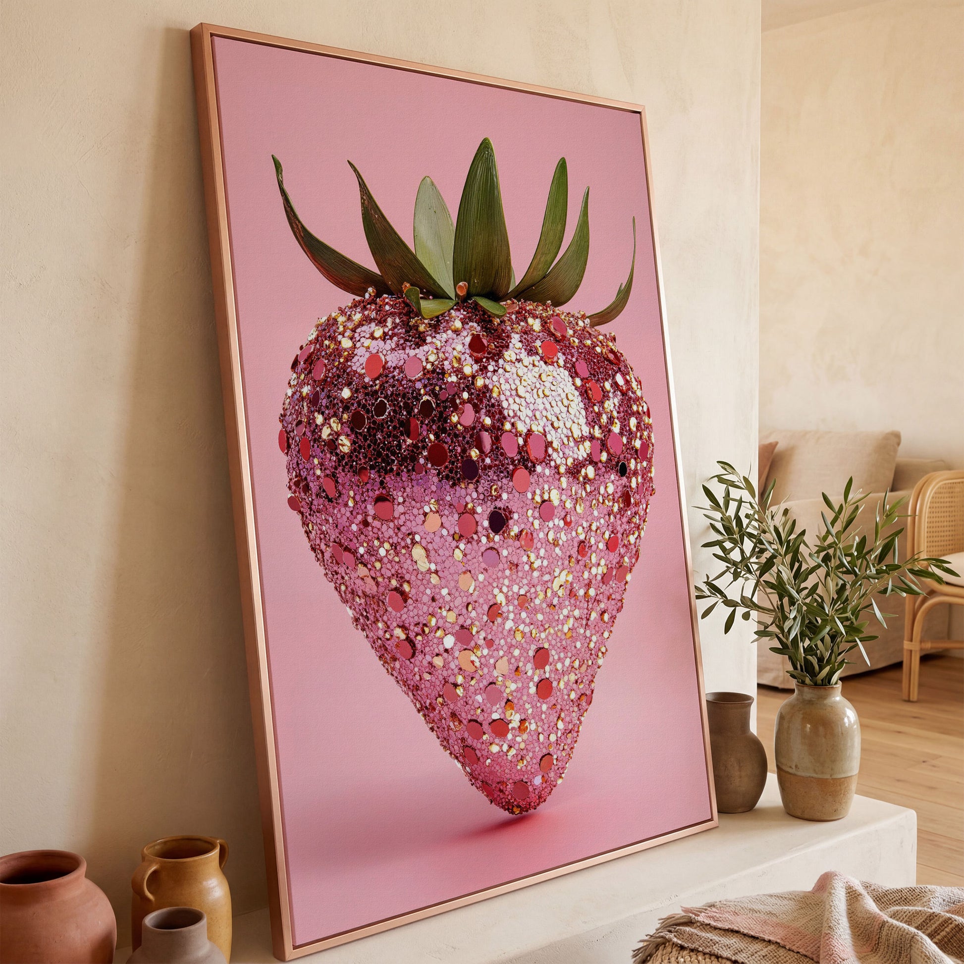 Strawberry with Sequins Canvas Wall Art in rose gold floating frame