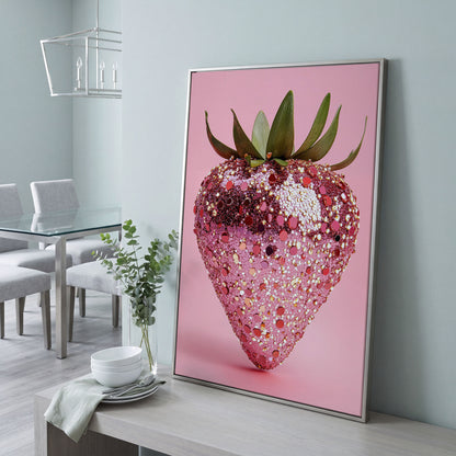 Strawberry with Sequins Canvas Wall Art in silver floating frame