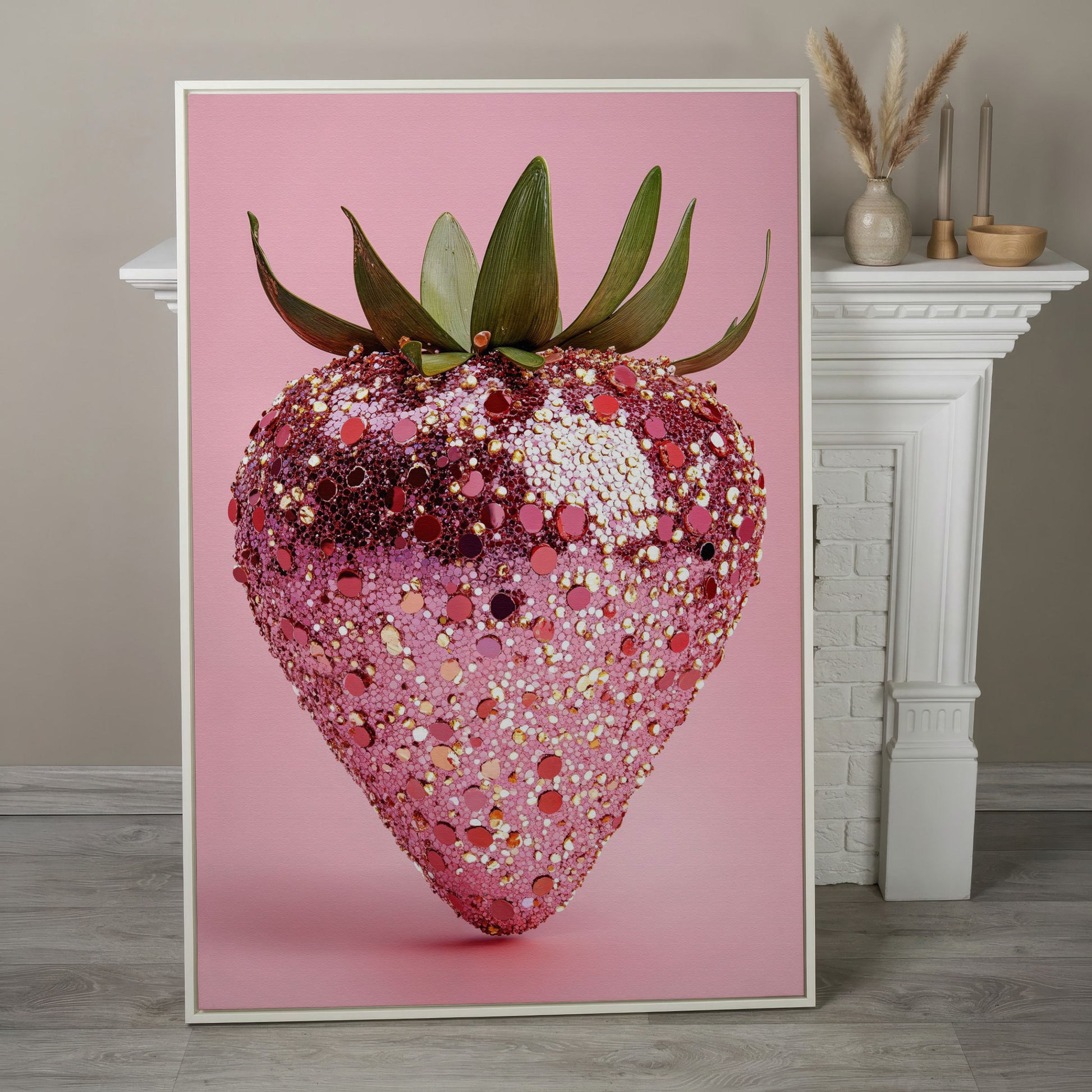 Strawberry with Sequins Canvas Wall Art in white floating frame