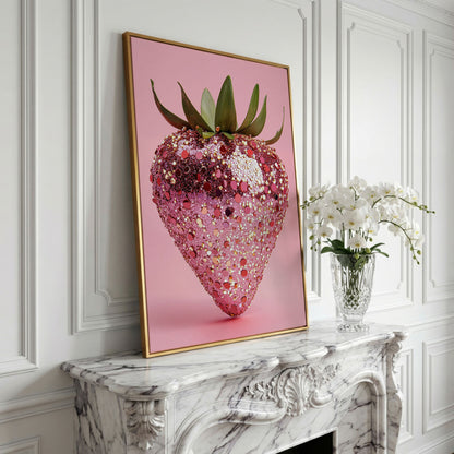 Strawberry with Sequins Canvas Wall Art in yellow gold floating frame