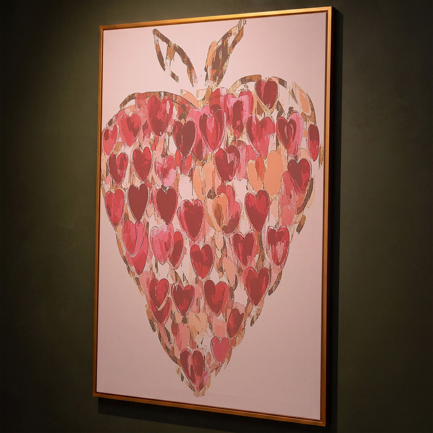Strawberry Heart Abstract Canvas Print shown in antique gold floating frame