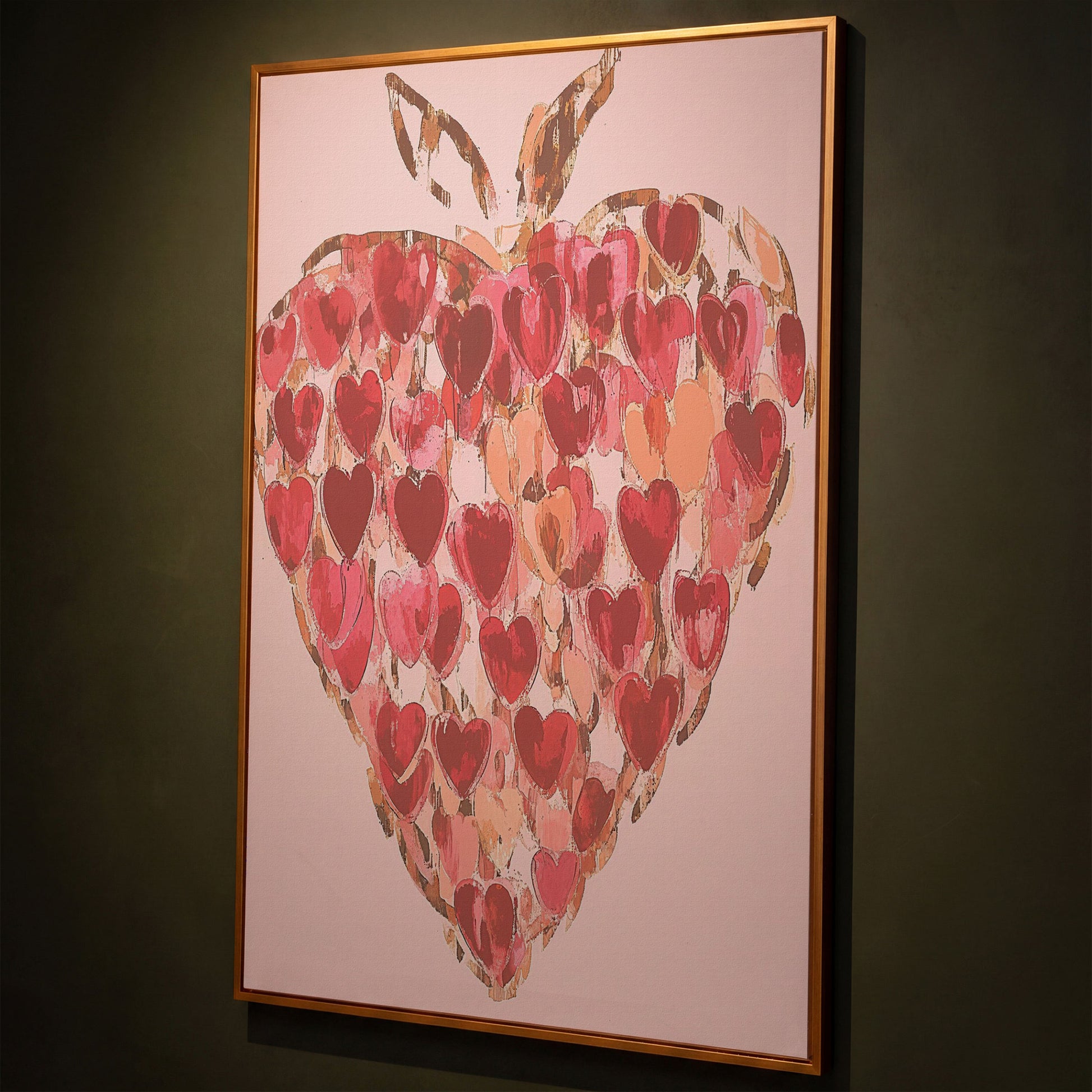 Strawberry Heart Abstract Canvas Print shown in antique gold floating frame