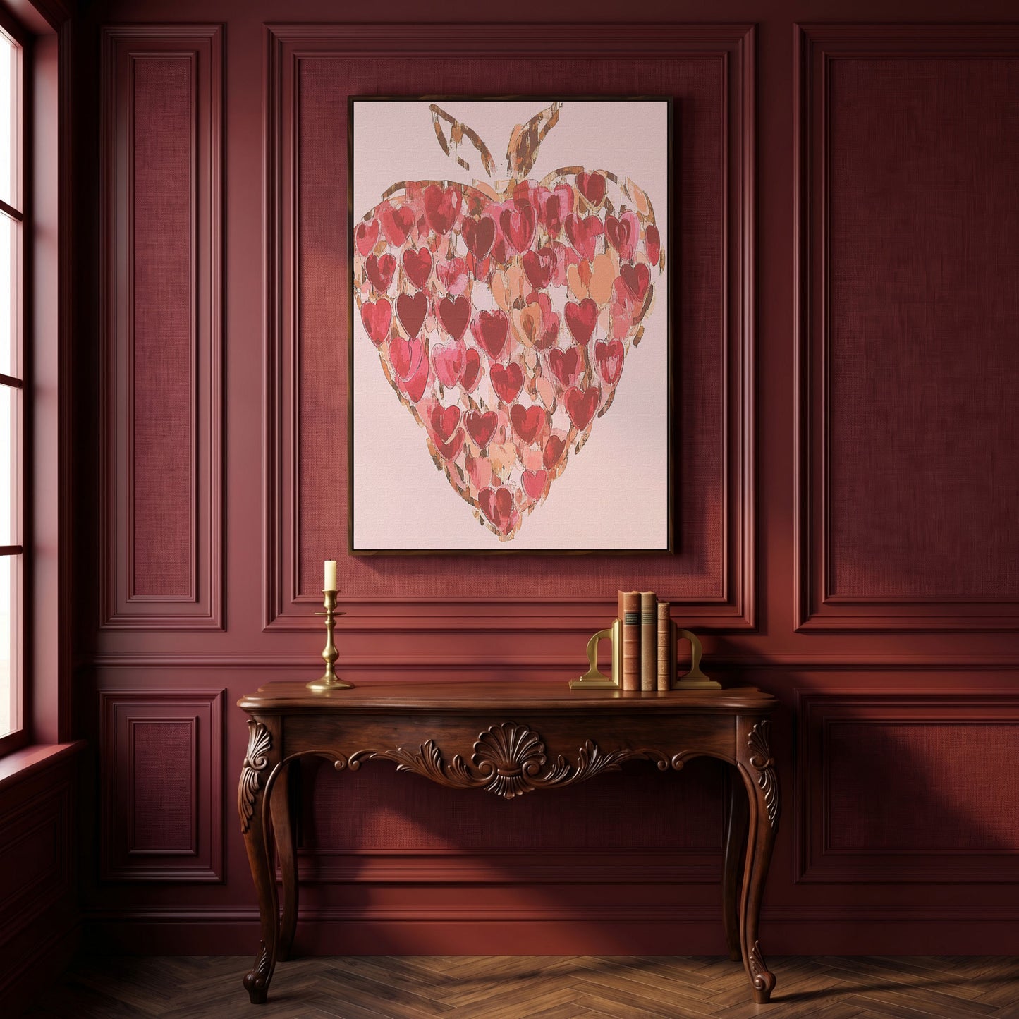 Strawberry Heart Abstract Canvas Print in dark walnut floating frame