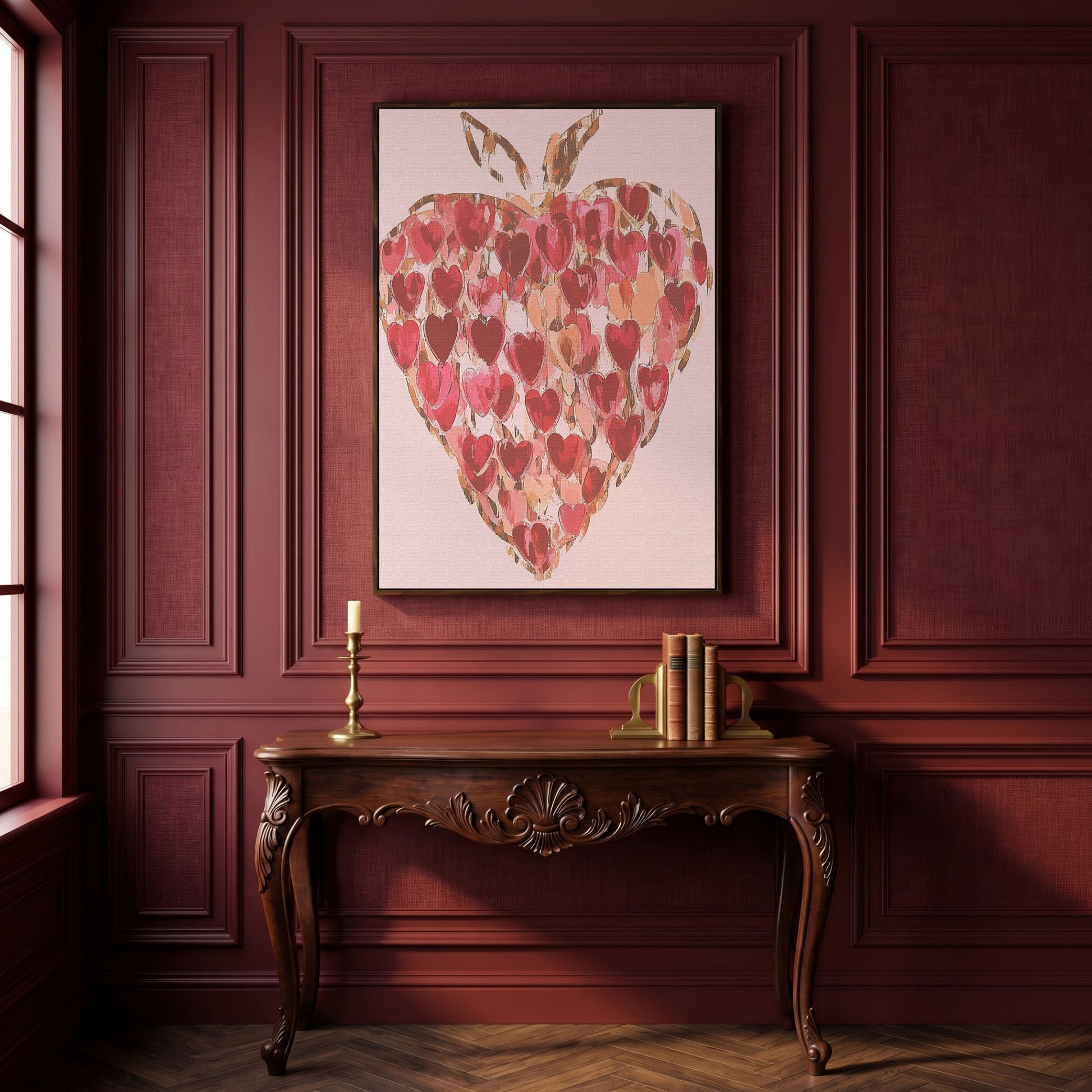 Strawberry Heart Abstract Canvas Print in dark walnut floating frame