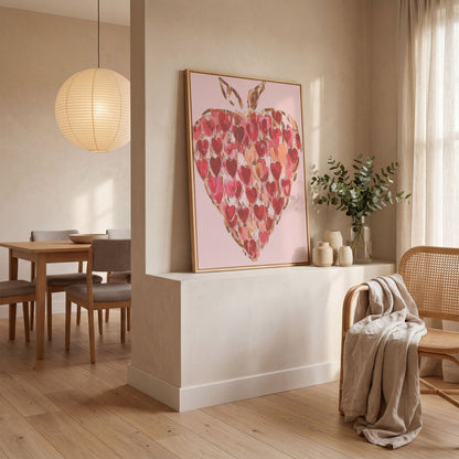 Strawberry Heart Abstract Canvas Print in white oak floating frame