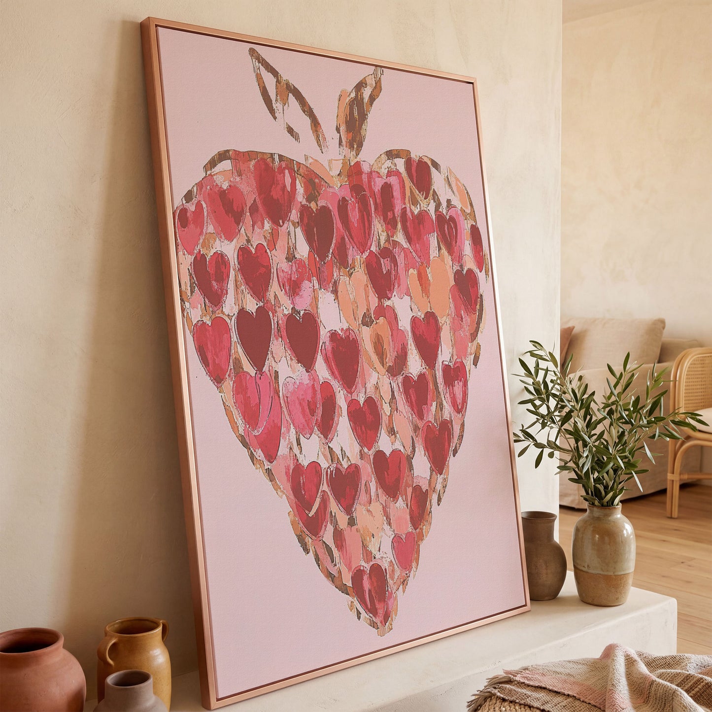 Strawberry Heart Abstract Canvas Print in rose gold floating frame