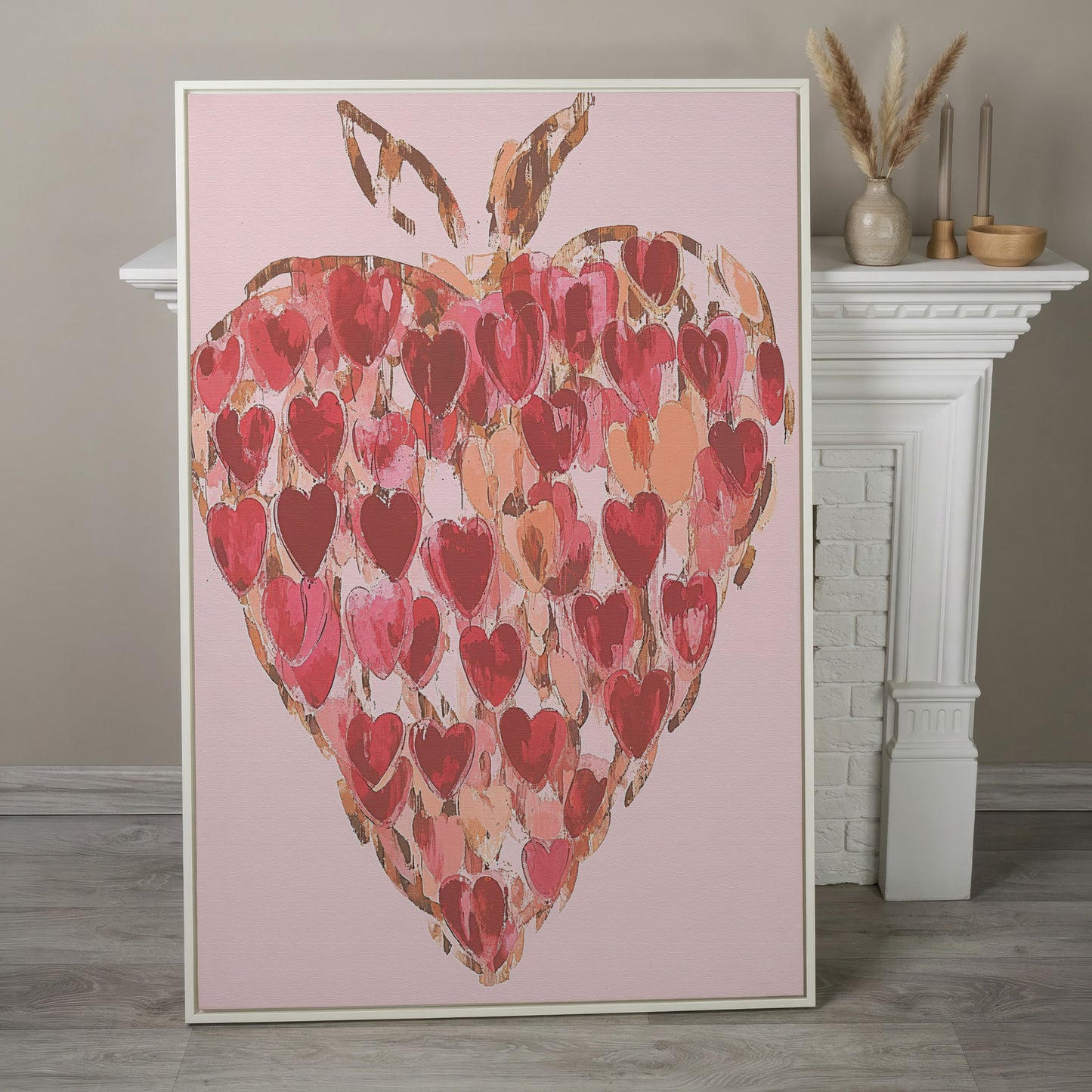 Strawberry Heart Abstract Canvas Print in white floating frame