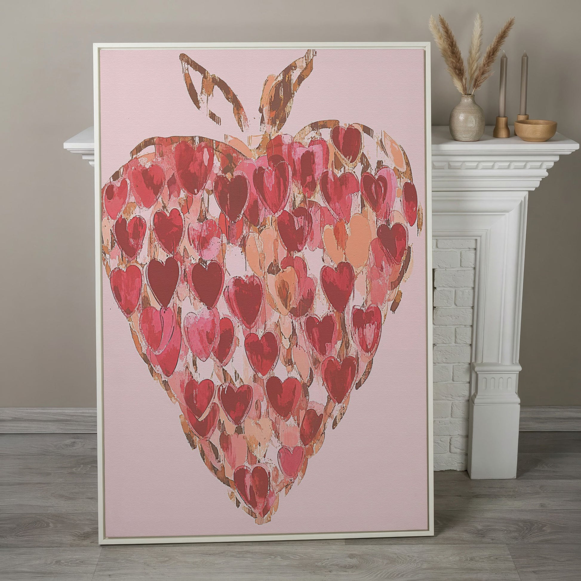 Strawberry Heart Abstract Canvas Print in white floating frame