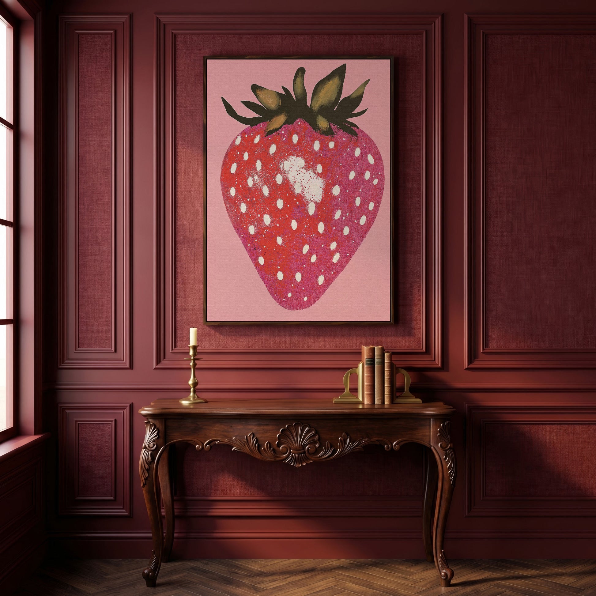 Strawberry Pink Canvas Print in dark walnut floating frame