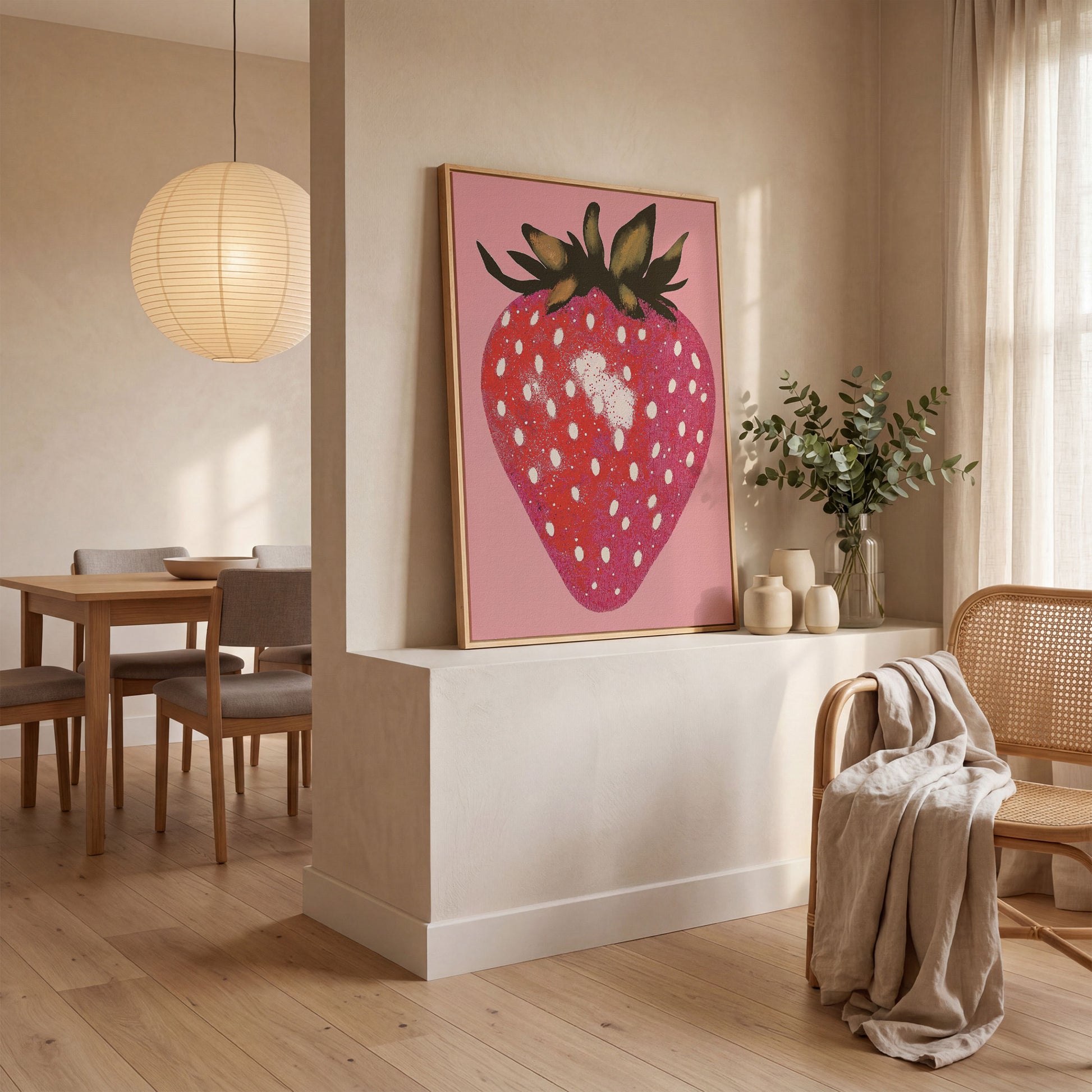 Strawberry Pink Canvas Print in white oak floating frame