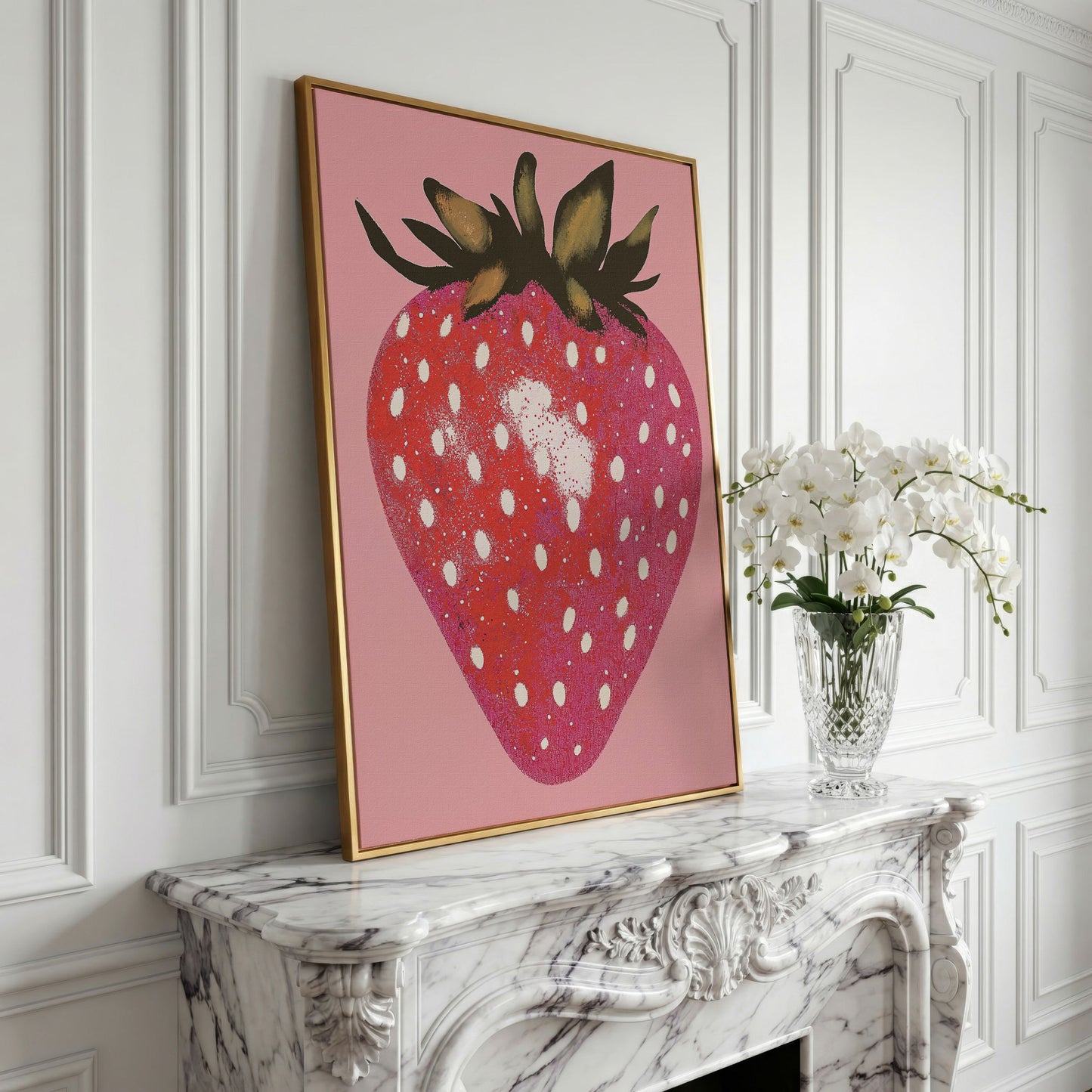 Strawberry Pink Canvas Print in yellow gold floating frame