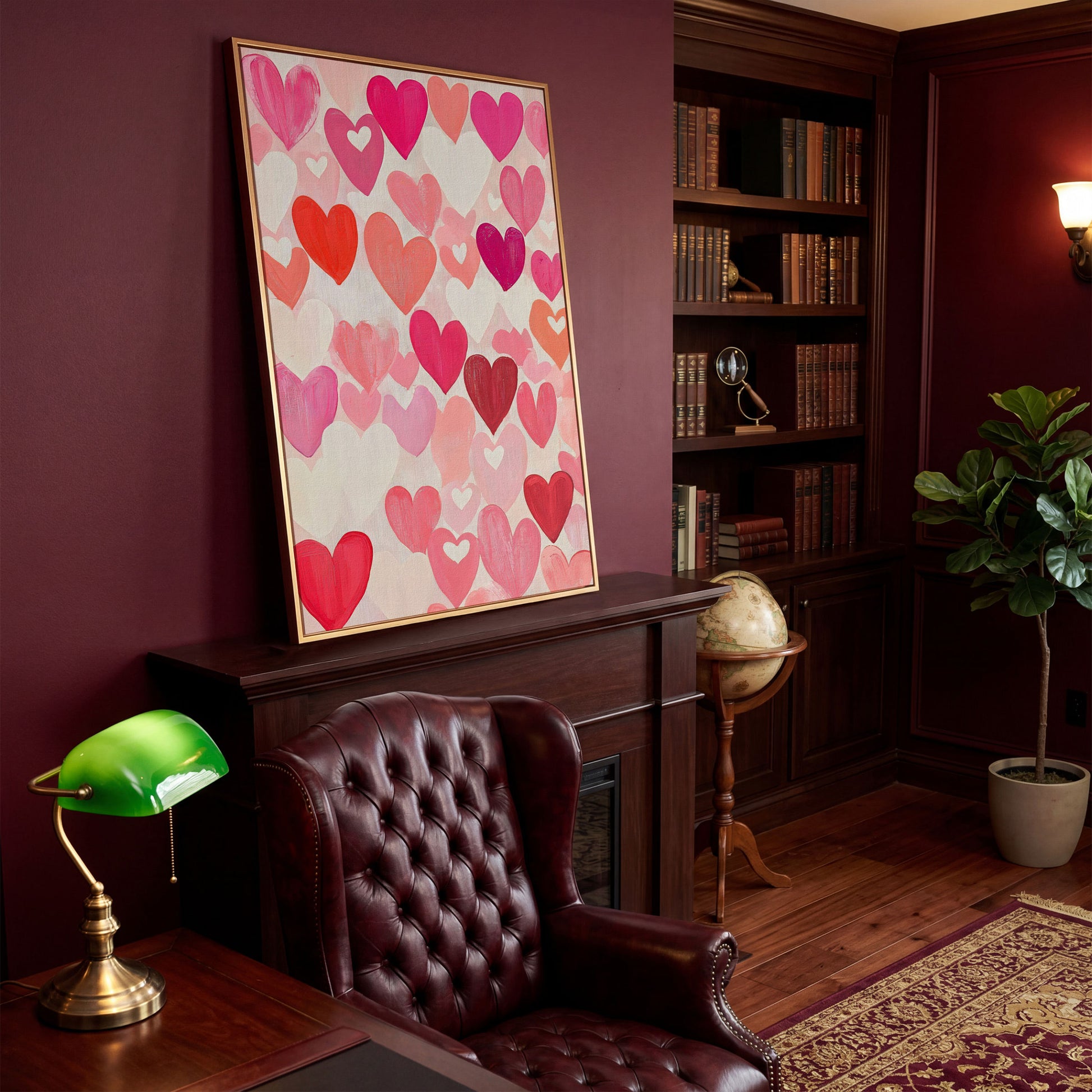 Pink Hearts Canvas - Romantic Wall Art for Bedrooms in antique gold floating frame