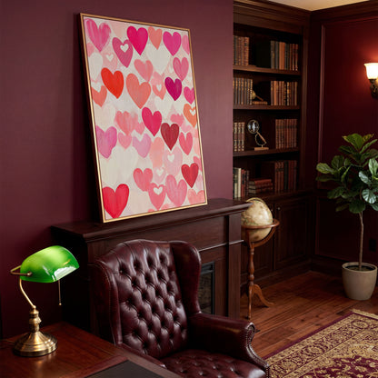 Pink Hearts Canvas - Romantic Wall Art for Bedrooms in antique gold floating frame