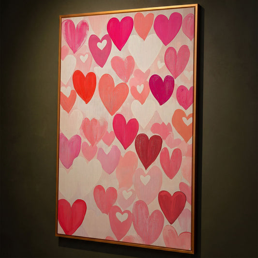 Pink Hearts Canvas - Romantic Wall Art for Bedrooms shown in antique gold floating frame